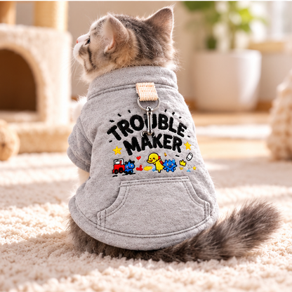 Cute Embroidered Cat Sweatshirt with Leash Ring